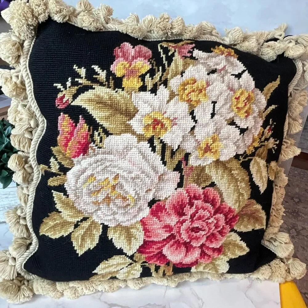 Needlepoint pillow French Chic Paris Apartment Floral black background must see